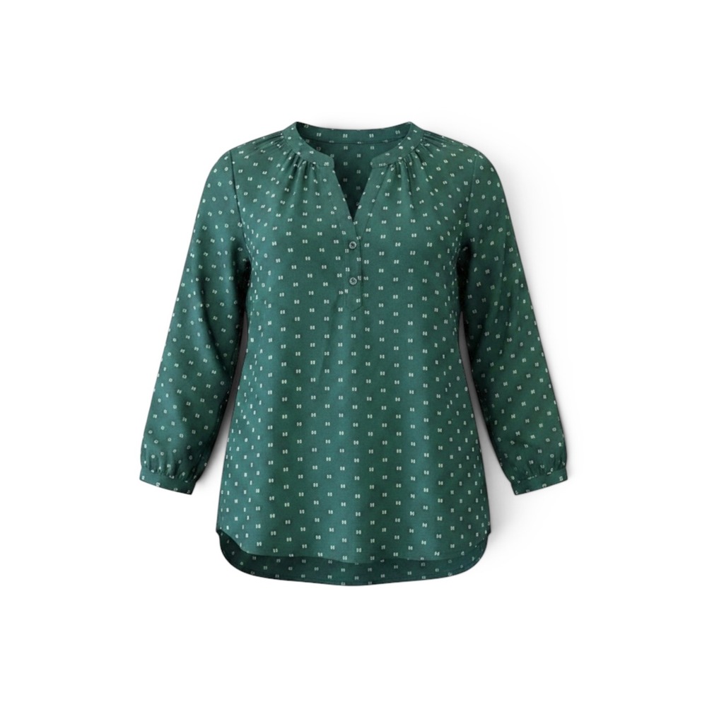 LOMON Womens Forest Green Swiss Dot Split V-Neck 3/4 Sleeve Blouse Top Sz Large